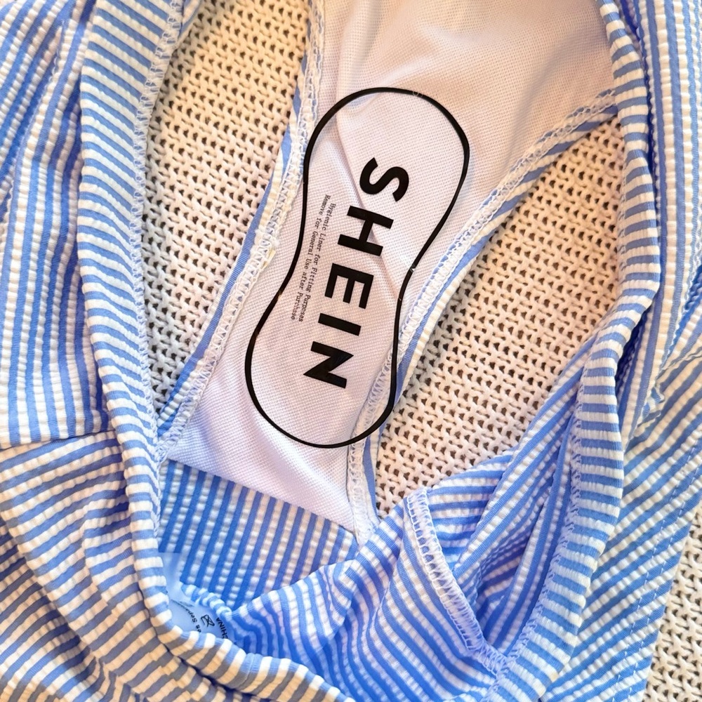 Seersucker Ruffle Bandeau Blue & White Striped Bikini Swimsuit - Picture 8 of 13